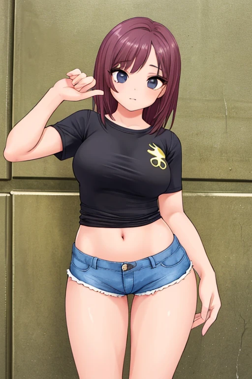 score_9, score_8_up, score_7_up, rating_explicit, masterpiece, best quality,high quality,highres,very aesthetic, absurdres, high detailed,optimal lightning,4k,8k wallpaper, source_anime, uncensored,official art, official style, megami magazine,BREAK,1girl,Revy,medium breasts, long hair, brown hair, brown eyes, ponytail,black crop top, short shorts, denim, blue shorts,unamused,confused,disappointed,embarrassed,standing handjob,looking down,BREAK,1boy,nude,penis,BREAK,from below,