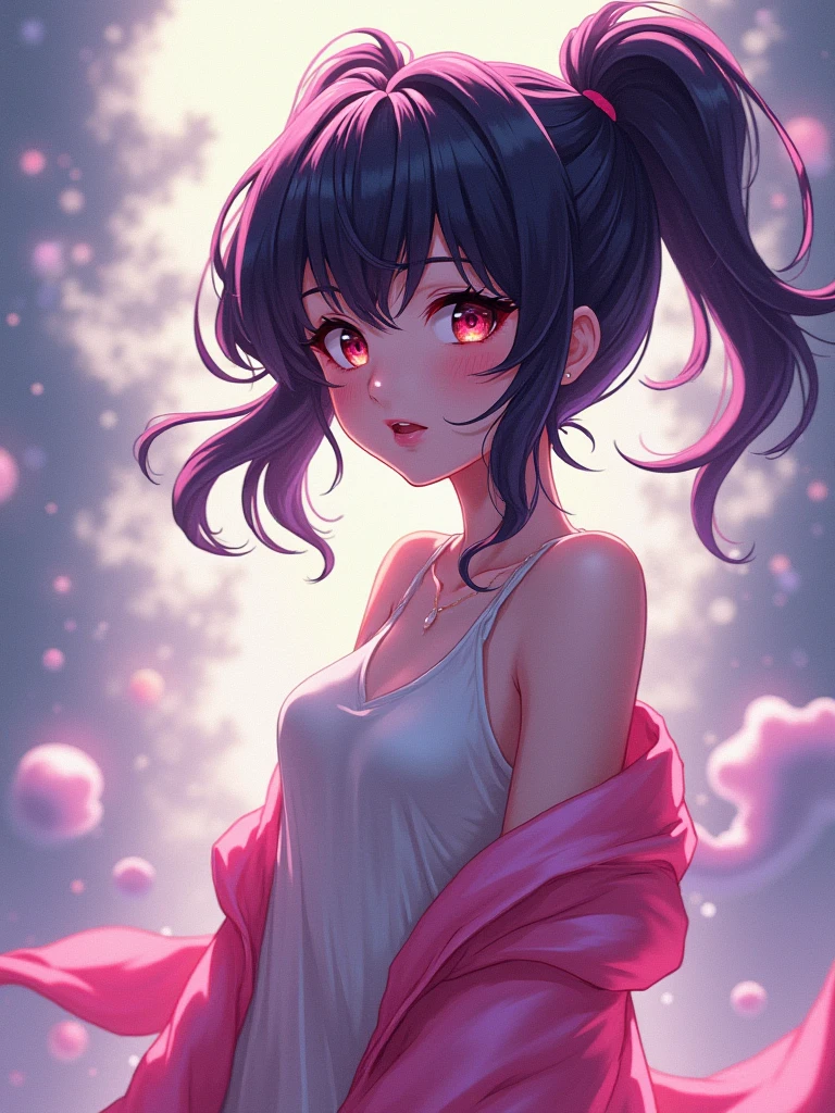 masterpiece, absurdres, hinata\(boruto\), 1girl, solo,mature female, off-shoulder strap bra, high waist short skirt, looking at viewer, (falling petals), perfect composition, detailed lips, big breast, beautiful face, body propotion, blush, (pink lips), long hair,  purple eyes,  soft gaze,  super realistic, detailed, photoshoot, realistic face and body, with (1 teenager,Uzumaki Naruto),comics『Naruto』character,Expanded Scroll,Use of magic,Fighting Style,,Magical Effects,Intricate details,Wide range of colors,artwork,rendering,(masterpiece:1.3),(highest quality:1.4),(Very detailed:1.5),High resolution,Very detailed,unity 8k wallpaper,Enjoy the fight,Draw a nine-tailed fox in the background