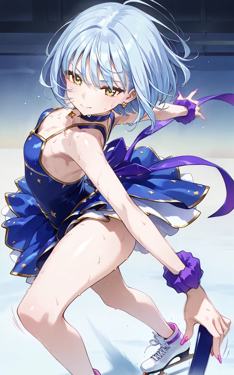 wavy short silver hair, crystal blue eyes, wizard, white blue bra and panties, trapped in the magic circle, whole body, magical robe, small , surprised expressions