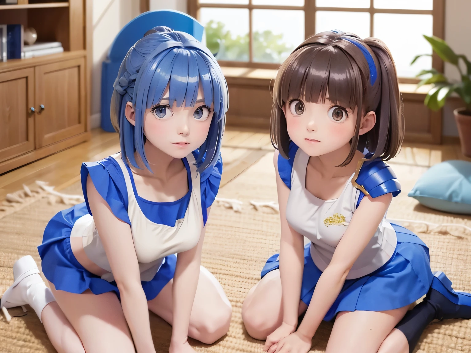 (((SFW、sound、Highest quality、 Super Horrible Leotard 、 、8k、 detailed face 、 super accurate 、 real color 、通常See also、5See also、Highest)))、 Beautiful Girl、 have brown hair、 bob cut from the front、slender、 The length is short 、細いfeet、Arles、Squishy4、 Magician、Blue short sleeve shirt、 white tank top 、 Tank top shirt、 blue miniskirt from above poat、Half shoulder pad、 Short sleeve 、、dungeons、 feet 、torn clothes、 torn tank top 、 torn shirt 、torn skirt、 I turned my skirt upside down、 has a ragged skirt 、 I can see his white pants 、 have broken.、Exposed Muscle、with hair、A plump figure、on all fours with a knife、