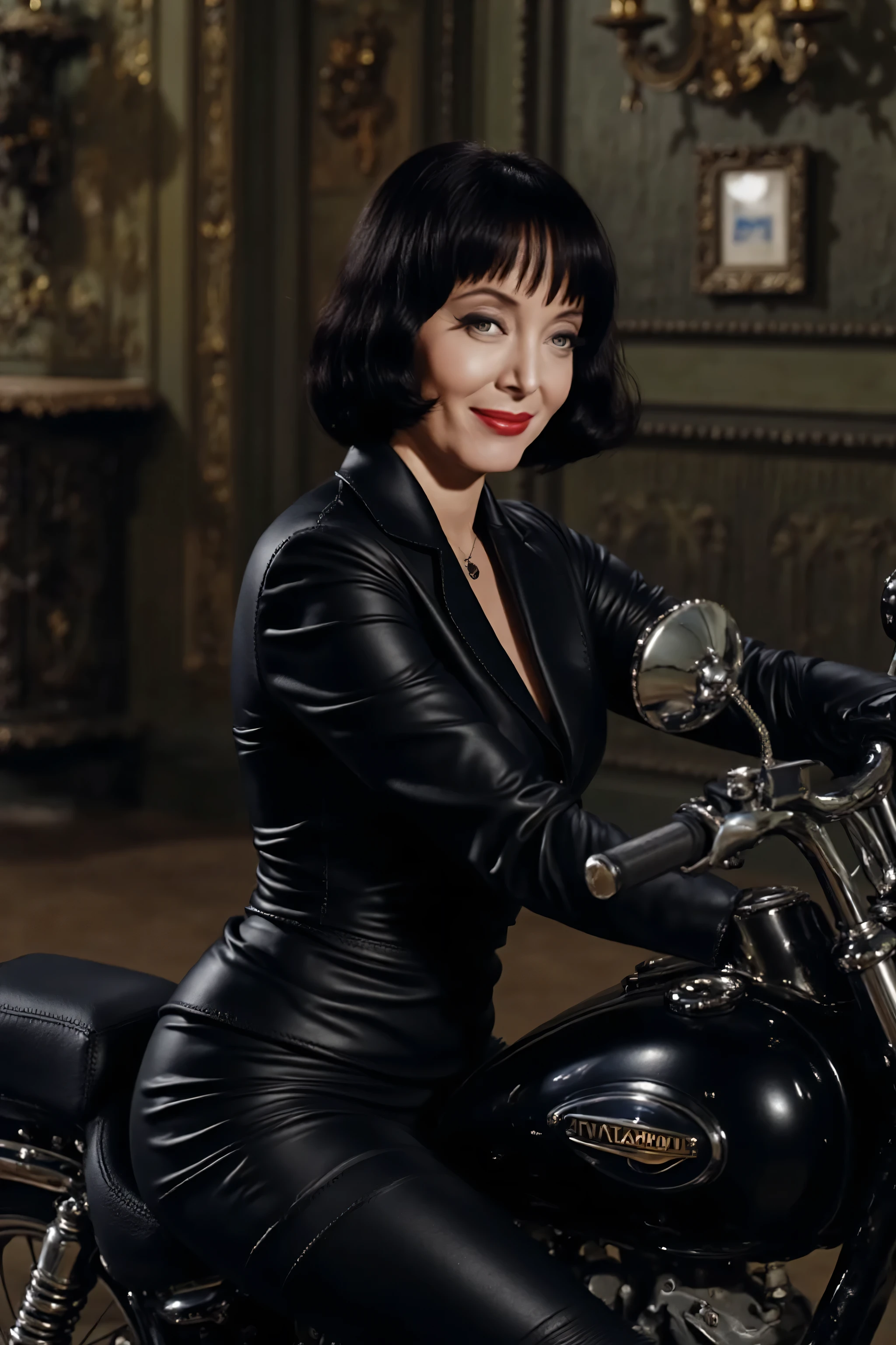 head to toe picture shot of villainess marsha queen of diamonds (batman villain); wholesome, looks like the girl next door, very fit, muscular, trim, wearing a black leather suit jacket (tight fitting), black leather pants, with black leather knee high boots, wearing long black leather opera gloves, short black hair, riding a motorcycle, 8k, high definition, visible cleavage, smiling, happy, hyper realistic, HD. Photograph, ((realism)), extremely high quality RAW photograph, ultra detailed photograph, sharp focus, high resolution, (detailed skin:1,3),high quality, film grain, Fujifilm XT3,Highly Detailed, movie, (Cinematic Photo:1.3) of (Realistic:1.3)Epic realistic image depicting the beautiful age.