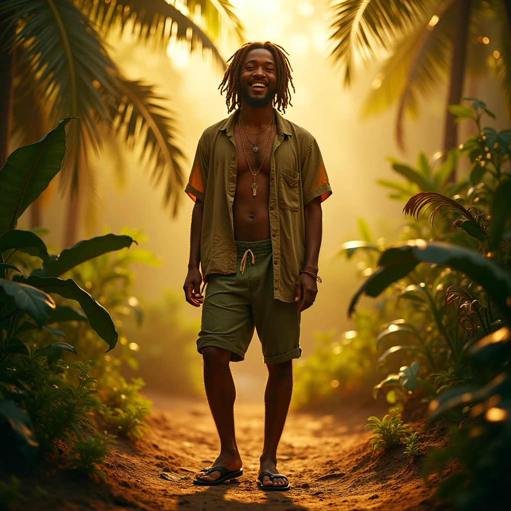 Photorealism 1.3 realistic realism high definition 8k Malaysian aborigines man smile  walk into jungle  darksin curly short hair wearing tears shirt and short  and head accessories sling bag on  orang asli