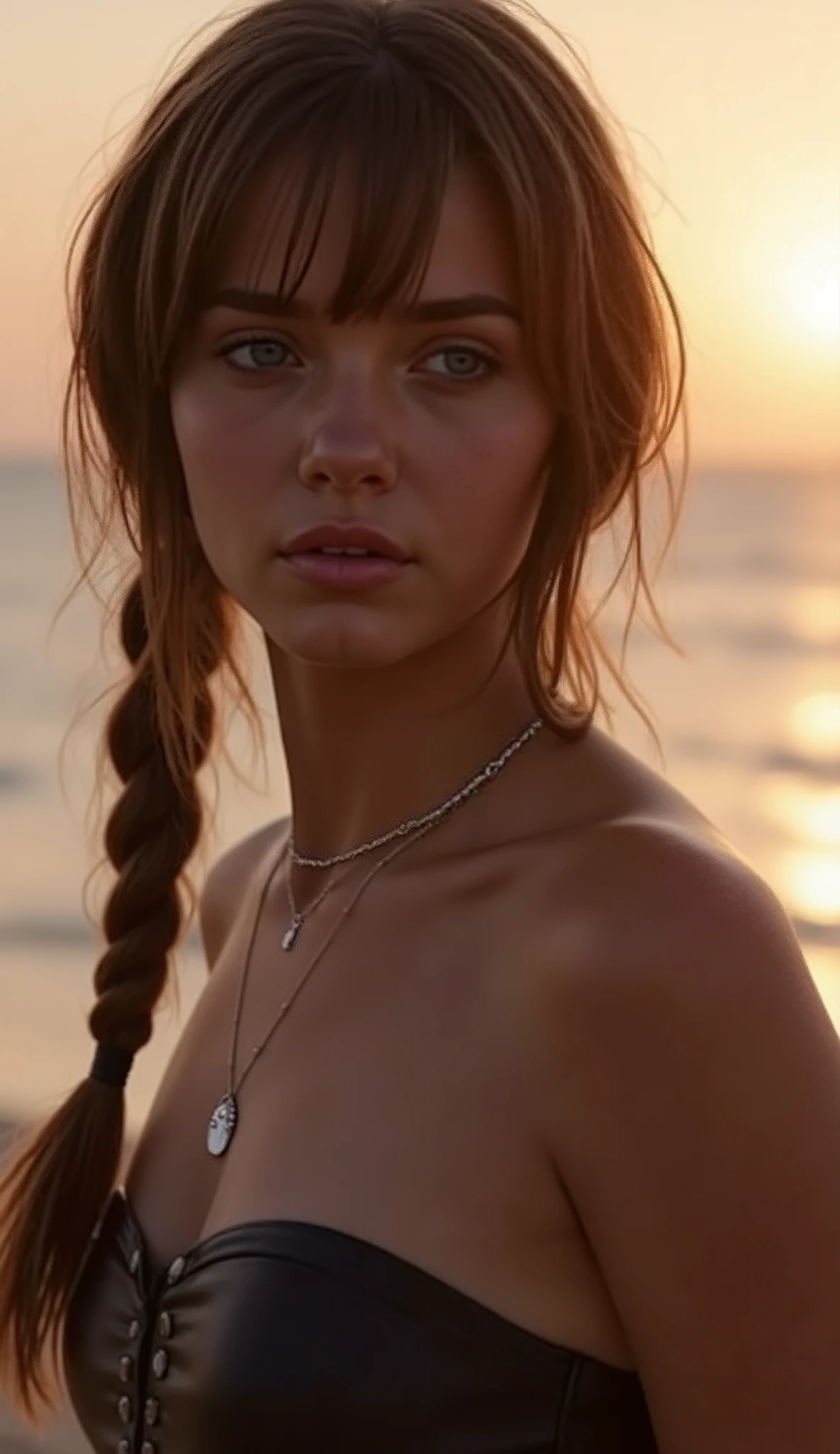 🌟 qualidade & silencioso: all over her head down to the chest, three sided view, obra-prima, 8k, Ultra High Resolution, hyperrealistic, very detailed, natural lighting, SLR lighting, SLR camera , Fujifilm XT3, film grain, sharp concentration, Perfect lighting. 🌌 cena & experience: different experiences: A romantic sunset on the beach, com calor, Golden tons . Um escuro, mysterious forest with moonlight, that falls through the trees. A luxurious room with candlelight and silk curtains. Ein urbaner experience mit Neonlichtern und regennassen Straßen. 😈 modelo & Estilo: wild girl, black hair, different hairstyles like ahoge, , triple tails, pixie cut, Expressive hair, Dutch low angle dynamic single wick, hair pulled back, French braids, franja reta, Striped hair, flattop , which in various poses fall loose or styled are, e bright blue eyes , bright blue eyes, She is wearing a light dress , leather bodice with a deep neckline. 🔥 pose & humor: x} Different sensual facial expressions: She looks directly at the camera , with a seductive smile and half-closed eyes. She opens her lips slightly, with a playful and tempting look. She tilts her head slightly to the side, with a dreamy and sensual expression. She looks over her shoulder, with a mysterious and intense look. Die humor ist sinnlich, seductive and full of emotions. 💋