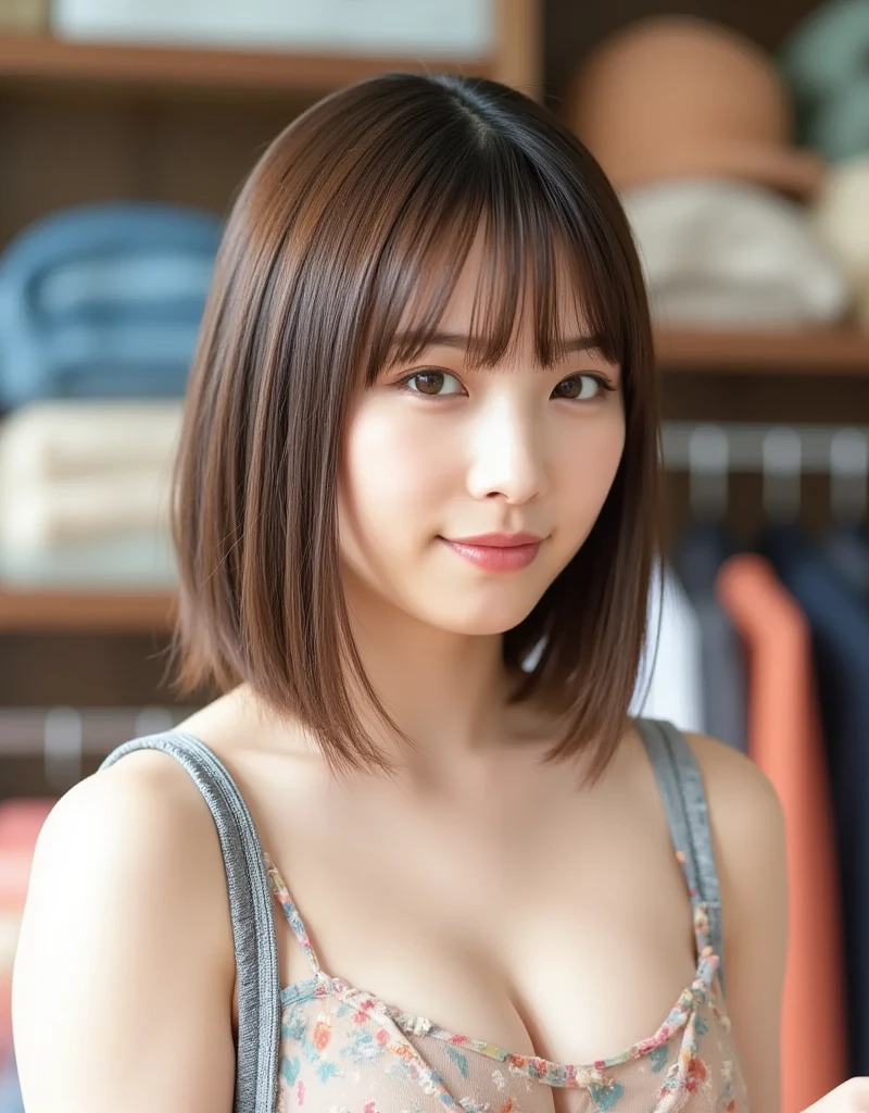 portrait, 8K, high quality, realistic photo image, 39 years old, Japan woman, neat and clean wife, small, housewife, reproduce natural and realistic eyes, Japan person stand, small, beautiful black hair, short hair, light makeup, octane rendering, beautiful lighting, golden ratio composition, smile, everyday wear, casual clothes, natural background, blurred background, 4k, high quality, realistic photo image, Japan woman, 37 years old, pure Japan face, lovely wife, upper body, small breasts, light makeup, suppin, neat beauty, mature woman, sober clothes, gray, beige, blue, sober, casual attire, smile, black hair, small black eyes, background blur
