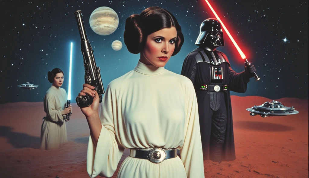 An epic and vibrant piece of cinematic art inspired by classic movie posters from the 50s and 70s.
In the center, a busty Princess Leia is featured, looking glamorous yet powerful – a futuristic white dress with metallic accents, her iconic hair in a bun, holding a shiny blaster with a confident pose. Her gaze is determined, illuminated by neon reflections.
In the background, Luke Skywalker and Darth Vader create a dramatic contrast:
🔵 Luke Skywalker on the left, wearing his classic costume, holding a gleaming blue lightsaber, with an expression of hope and courage.
🔴 Darth Vader on the right, emerging from the shadows, his cape flowing, holding a red lightsaber that emits a menacing glow. His helmet shines with an ominous reflection.
The background mixes outer space with a retro-futuristic aesthetic: giant planets, twinkling stars and chrome ships in a vintage sci-fi style. The title "STAR WARS RETRO" appears in a shiny gold typography inspired by the epic posters of classic cinema. The lighting is dramatic, with strong contrasts and vibrant colors (blue, red, gold and neon).