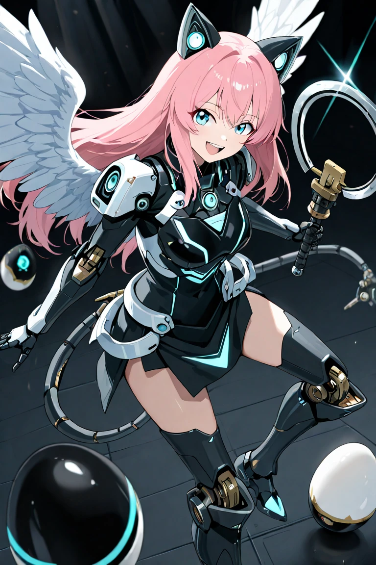 smile,anime girl with wings and headphones standing in front of a white background, mechanized valkyrie girl, mechanical angel, pastel watercolor anime、The background is nature、The smiling girl has wings made of mechanics.、She is wearing a black leotard and a pink miniskirt.、black long gloves、orange high ponytail、black ribbon,anime manga robot!! anime girl, beautiful cyborg angel girl, mecha wings, fully robotic!! girl, angel knight girl, mechanical wings, anime robotic mixed with organic, armor girl, biomechanical oppai, cute cyborg girl, steampunk angel