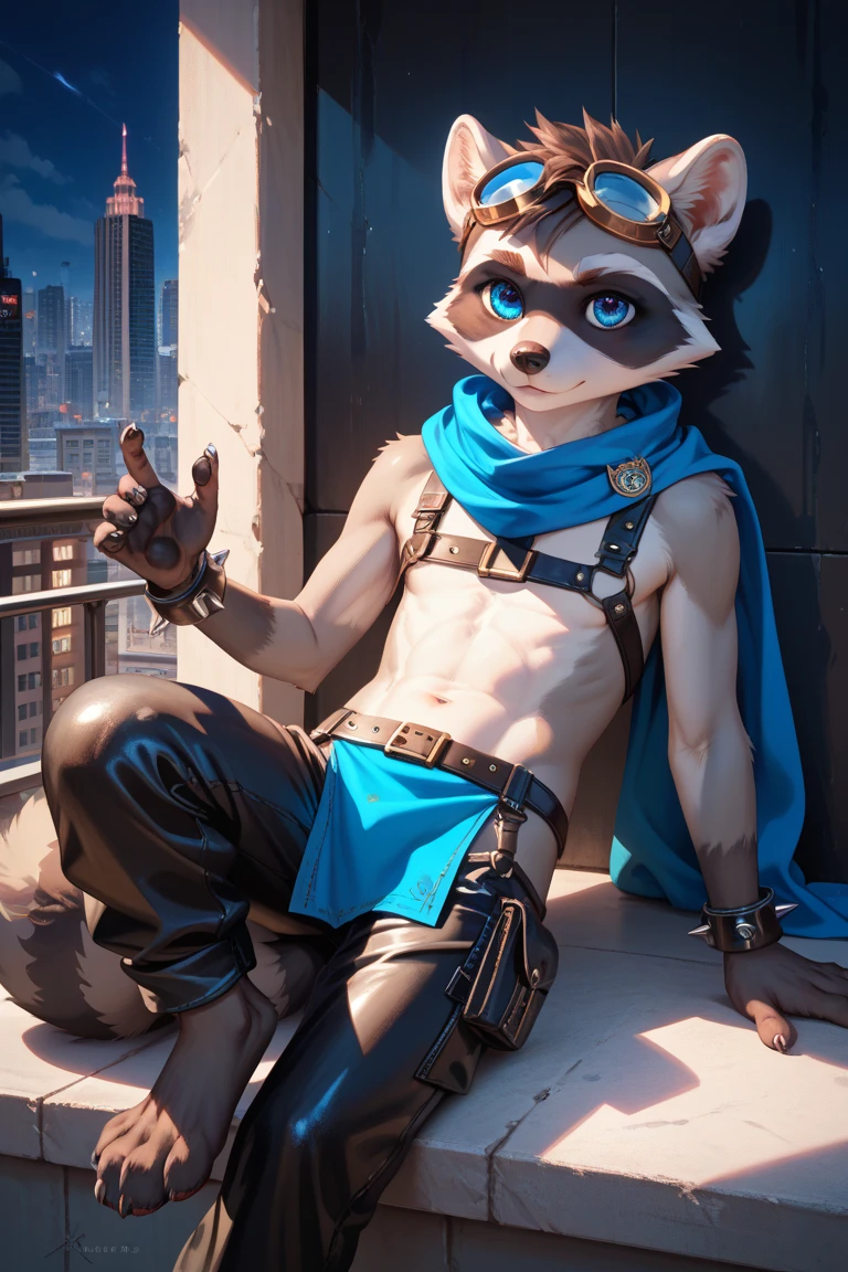 no lighting, deep shadow, dynamic angle, Solo, teen furry, furry, teen, raccoon, grey body, long brown spiked_ponytail, Detailed body fur, long blue scarf, leather_harness, blue_loincloth, goggles, masterpiece, gray body, Detailed face, big eyebrows, blue eyes, detailed eyes, No muscles, Detailed hands, Flat body, Skinny, Detailed paws, claws, metal cuffs on wrists, black shorts, no shirt, bed, night, no underwear, laying, bored