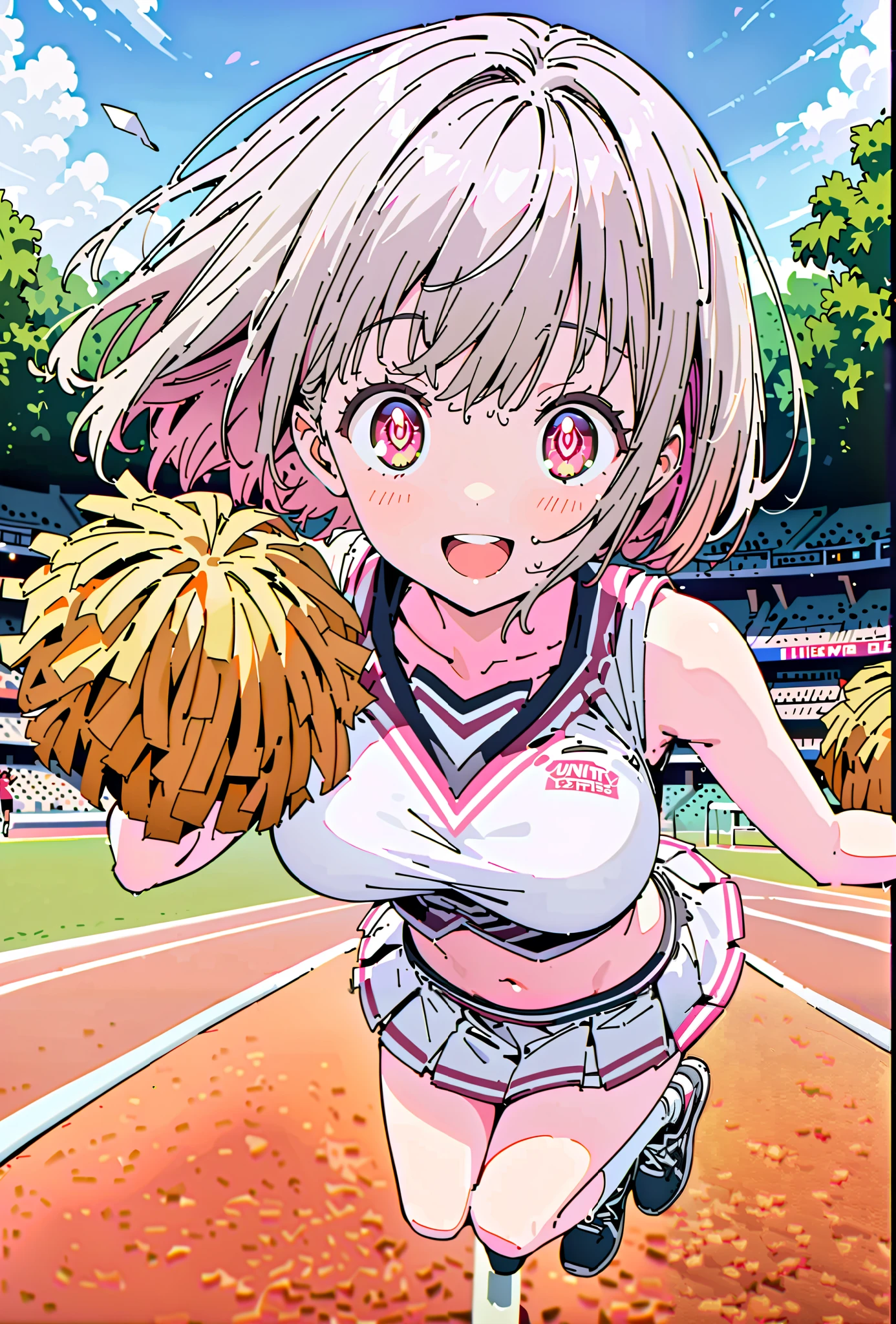Red root heart ,solo, light purple hair, pink eyes, Glowing Skin,short hair,Big Breasts,smile,cover,opens her mouth,(Cheerleading), (full body), on chest, (sweated), sweated Wet Clothes, (white clothes),sleeveless, pleated skirt,White socks,sneakers with a ladyback letter, stomach button support , playground, (jump), (jump), 両足を曲げてjumpする,, blue sky, Compa,cheerleader, Pom-pom \(Cheerleading\) real hair ornaments,break outdoors,Stadium,
break looking at viewer,full body,
break (masterpiece:1.2), Top Quality, high resolution, Unity 8k 壁紙, (illustrations:0.8), (beautiful detailed eyes:1.6), very detailed face, so that it fits into the illustration, extremely detailed CG, full body写真,(perfect hand, perfect anatomy),