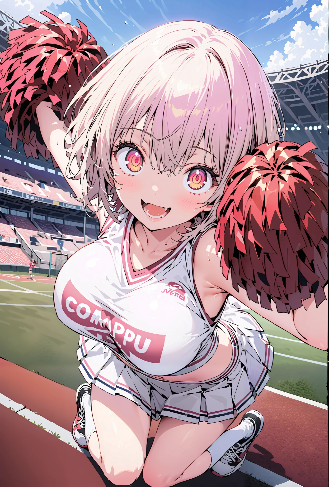 Red root heart ,solo, light purple hair, pink eyes, Glowing Skin,short hair,Big Breasts,smile,cover,opens her mouth,(Cheerleading), (full body), on chest, (sweated), sweated Wet Clothes, (white clothes),sleeveless, pleated skirt,White socks,sneakers with a ladyback letter, stomach button support , playground, (jump), (jump), 両足を曲げてjumpする,, blue sky, Compa,cheerleader, Pom-pom \(Cheerleading\) real hair ornaments,break outdoors,Stadium,
break looking at viewer,full body,
break (masterpiece:1.2), Top Quality, high resolution, Unity 8k 壁紙, (illustrations:0.8), (beautiful detailed eyes:1.6), very detailed face, so that it fits into the illustration, extremely detailed CG, full body写真,(perfect hand, perfect anatomy),