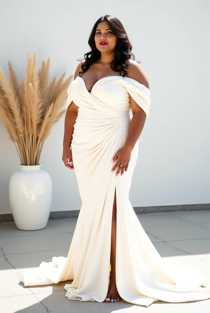 Create a standing portrait of a curvy dressed in white flowy dress, Black woman with beautiful caramel skin. She is listening to music with stylish, luxury headphones inspired by Kim Kardashian