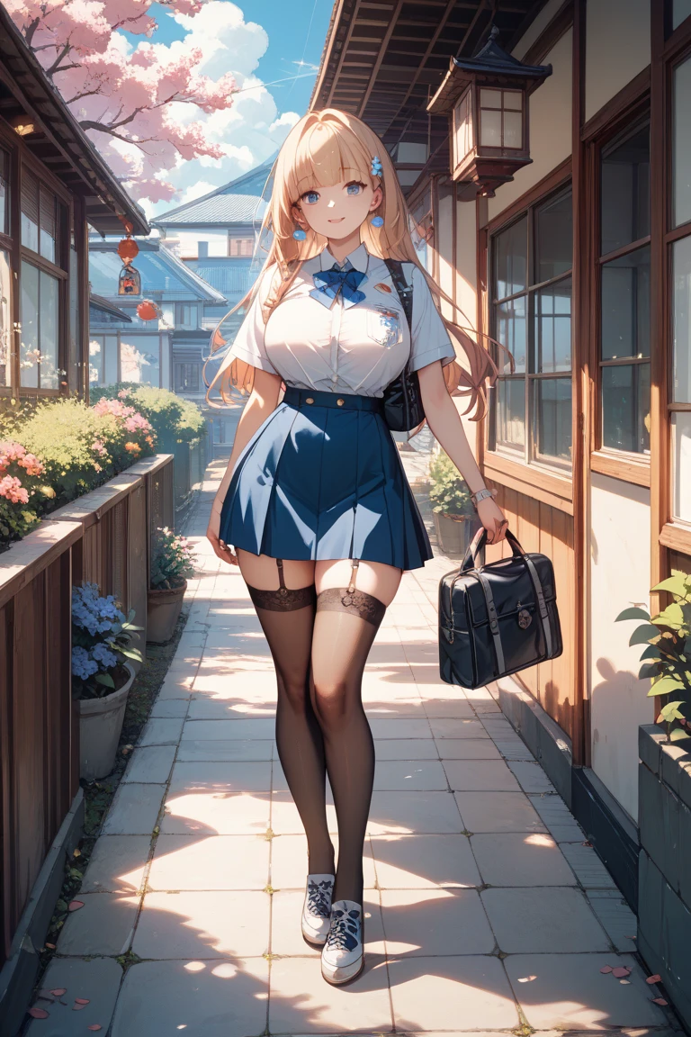 (solo girl standing:1.3), (huge perky breasts:1.7), thin waist, thin long legs, black thighhighs, (very short skirt:1.5), nose blush
