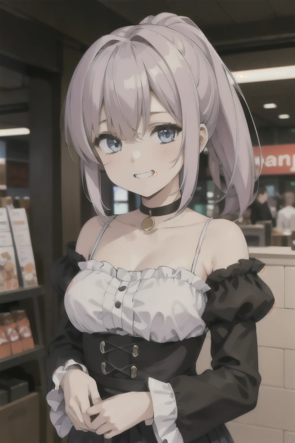(masterpiece), (ultra quality), 1girl, solo, (cute girl), bang, (blue eyes), (medium large breasts:1.2), slender girl, fair skin. A with long (dusty mauve) hair tied in a high shoulder-length ponytail. She wears a stylish white long sleeve blouse showing collarbone and a black pastel pleated skirt. Facial Expression: One eye winking, a mischievous grin. Emotion: Playful, teasing. The background is softly blurred, resembling a busy shopping mall. A well-balanced composition where the entire upper body, including both hands, is visible.
