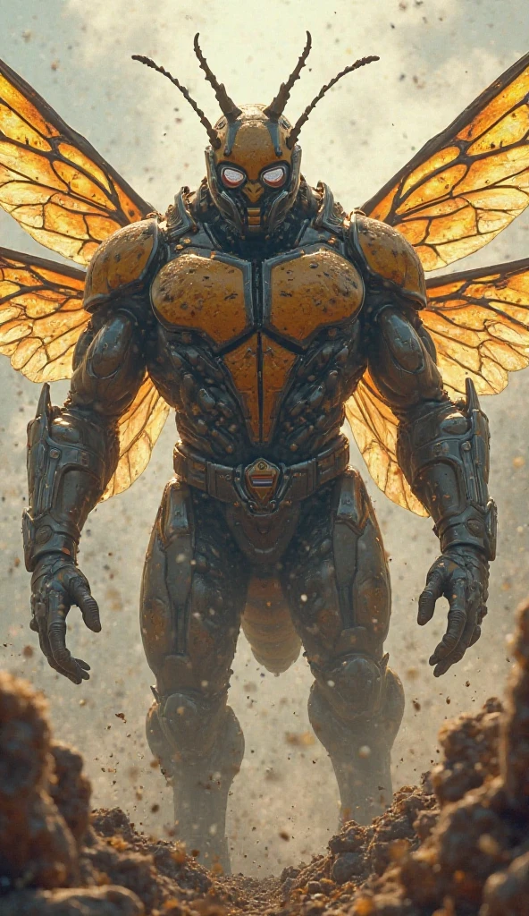 A bee animal with a muscular human body.horror.fiery.with the slogan bmx boetoet.3d