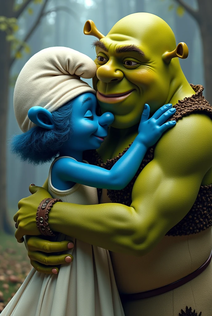Smurfette is now a very beautiful young Japanese girl sitting on Papa Smurf's lap. Papa Smurf is very muscular and strong, with a cigar in his mouth and tattoos on his arms. He is seated in a chair. He has a gold necklace around his neck, and in one hand, he holds a gold-plated AK-47. On Papa Smurf's chest, there is a tattoo that says 'BATUHAN BEY'. The background shows the Smurfs' village in light-toned colors. The photo should have a realistic style.
