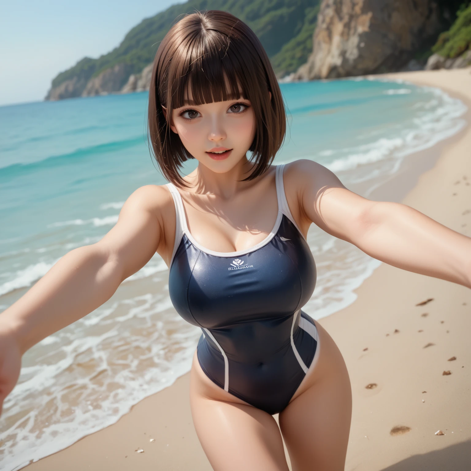 ((masterpiece, extremely realistic, photo-realism, extremely precise in every detail, best quality, beautiful detailed glow)), a tiny woman, , (silver short hair), (beautiful attention to detail:1.1), skinny body, small boobs, Full body image, (wearing a shiny tight gold leotard), ((squatting on a amusement park:1.2)), she is smiling