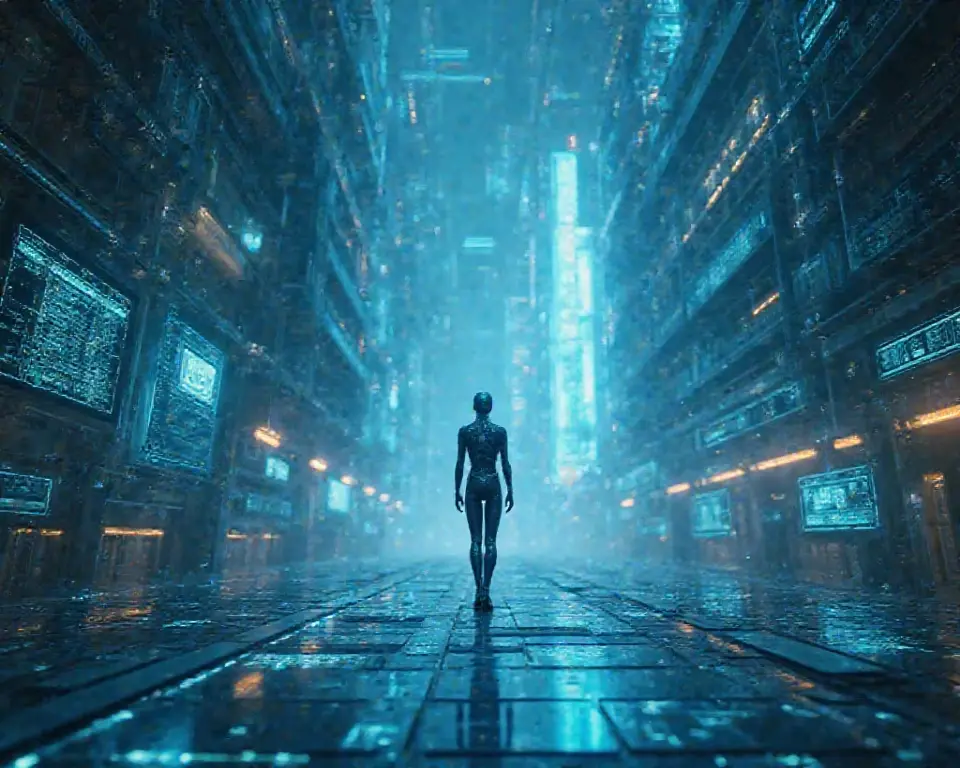 ((magazine photography)) , (Sky-high observation deck, soaring above the city, panoramic glass walls, breathtaking metropolis views, augmented reality overlays, feeling on the edge of the future. , cgstudio, computer graphics, space art , cyberpunk ambient, a room, film grain,) Android street performer, intricate circuits beneath synthetic skin, dancing amidst a throng of humans, a fusion of man and machine.<lora:cyber_room_sdxl:1.0>
