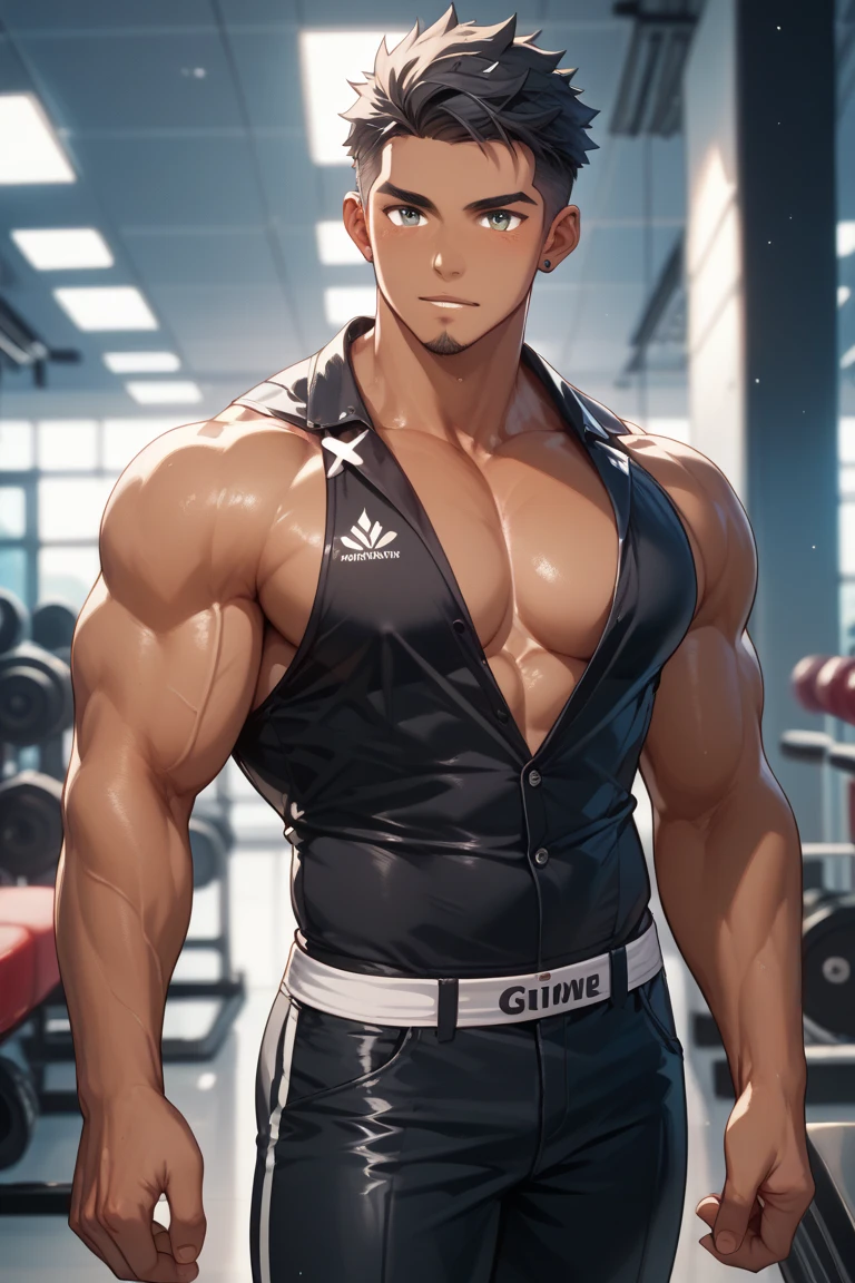 A ( face) 15 year old teen (15 yearsttractive boy, standing, full body. Mexican ethnicity. tanned skin, silver white hair, short hair bangs that fall on both sides of his youthful face. carefree expression, young man, alone, marked muscles, beautiful musculature, aesthetic stretch marks, inspiring physique, slender muscles, square pecs, beautiful V-cone, excellent abs and torso, chiseled abs, pectorals chiseled, perfect massive muscles, inflated muscles, voluminous pectorals, massive muscular body, a huge gigantic chest with a narrow waist, huge shoulders, ridiculously well-shaped large pecs, eight chiseled abs, (very toned and huge) with his military haircut and voluminous neck, narrow waist, golden eyes, young face, beautiful, young. Teen muscular young builder with extraordinary and firm back, chiseled muscles, rhomboid muscles, latissimus dorsi. Gigachad. he wears a Use Vegeta's training suit. A tight one-piece suit from the neck to the ankles, black in color, the suit has no sleeves, it does not use a belt. The black shirt and pants are a single piece of clothing, the shirt has a U neck, has no sleeves and highlights his prominent abdominals and pectorals. He doesn't wear a belt. His muscles stand out. He wears white gloves on his hands, and white boots. Ruins of a Jedi temple with forest background. standing, full body. (((Back))) huge firm muscular thighs, round buttocks and round butt with back, huge ass ((firm buttocks)) with big booty. (((black clothes)))