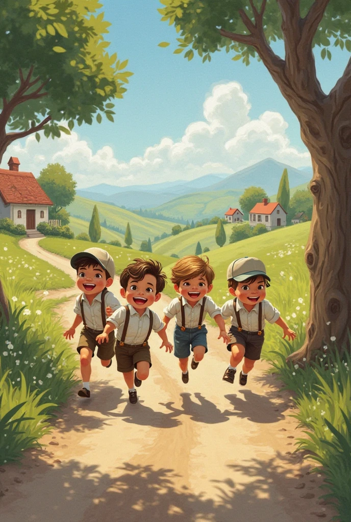 Boy with suspenders, hands in his shorts pocket, walking, talking rag doll, walking, talking corncob, walking, landscape with hills, nature, great quality image, HD.