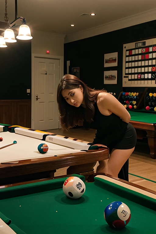 (8k, best quality, masterpiece:1,2), (realistic, photo-realistic:1,37), top quality, masterpiece, a beautiful woman, playing pool, bent over holding cue stick near pool table, very short skirt, cleavage, tight clothing, looking at camera, professional photo, slightly dark lighting