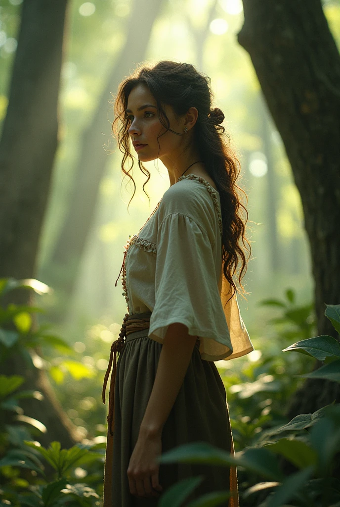 Chica bruja recolectando hierbas en el bosque, His appearance is pale skin and shoulder-length brown hair.