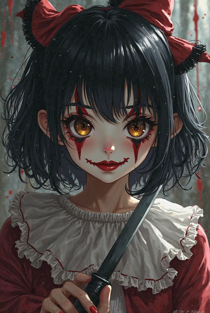 Masterpiece, best quality, 1girl, solo, face painting horror, thriller, long hair, looking at the audience, smile, dress, ribbon, jewelry, very long hair, headband, flower, bracelet, double side up, hand_on_own_face, head_rest, hand_on_own_cheek, art lines, monochrome,