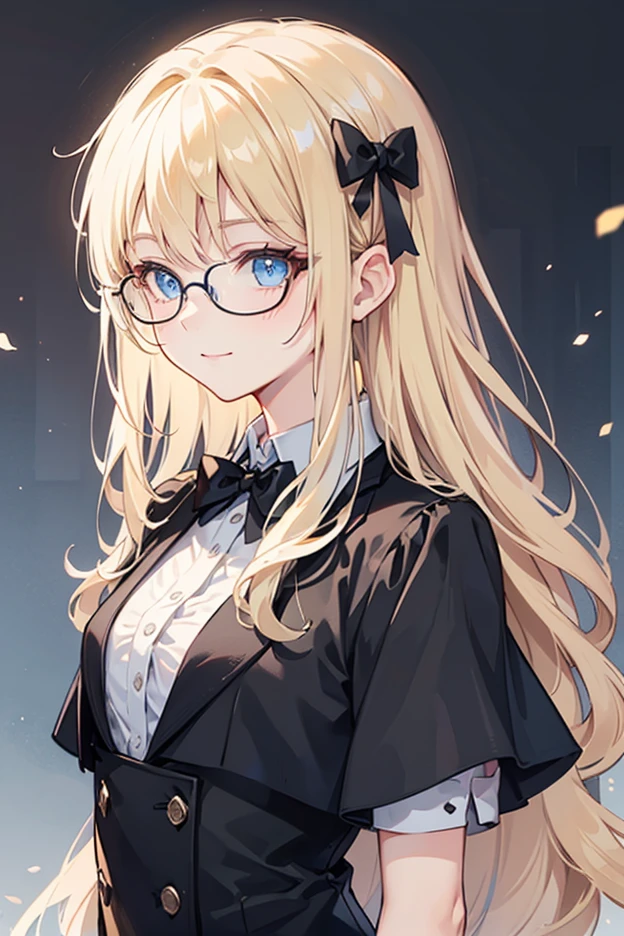 Highest quality,masterpiece,masterpiece portrait,Upper Body, Blonde、Blue Eyes、Pink lips、、White shirt、Black Ribbon、Sexy atmosphere、cartoonist、(((Slightly erotic)))、Wearing a beret、Posing and smiling with glasses、Anime Style、Beauty、Her background is monochrome black、(((Front view)))、Looking up,oil
