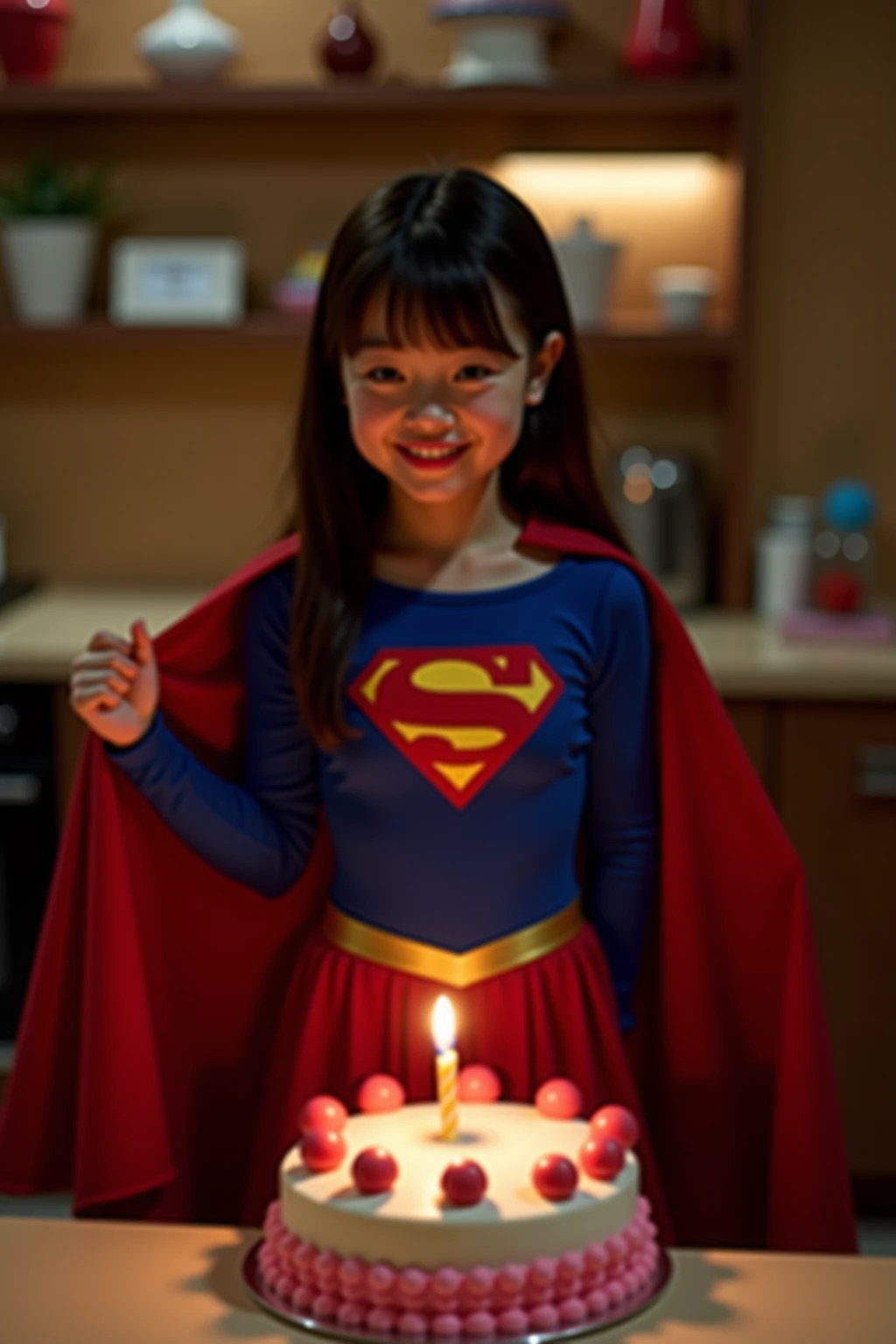 a three-year-old child dressed in a blue tutu with little webs embroidered on the clothes, is in a room with bookshelves and a fireman's jacket in the background, In her hand she holds a Spider-Man mask