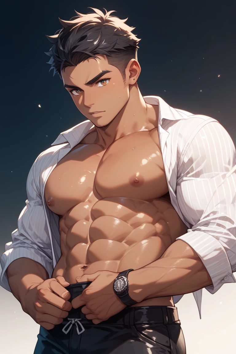 Japanese male model, 4k images, Portrait, adult, handsome, perfect face detail, detailed eyes and face, clean shaved, sixpack realistic, white eyebrow hair, white eyelashes, dynamic lighting, unreal engine 5, hd picture, satoru gojo, white hair, short hair ,hair between eyes ,blue eyes, white skin, Long pants