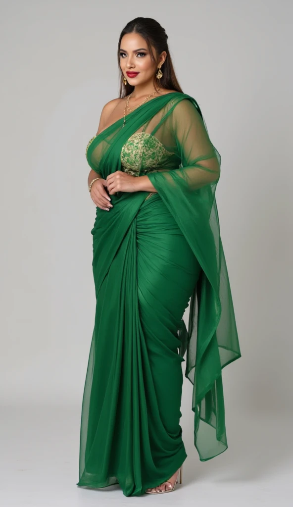 Day scene, A radiant, full-figured South Indian 35 year old aunty a green colour chiffon gown ,standing, in a office captured in a full-body image with vibrant hues and meticulous details. Full body image