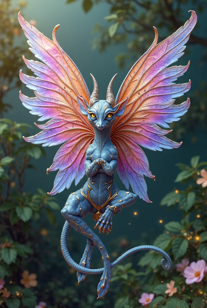 (best quality: 1.4), (masterpiece: 1.2), detailed, complex, high resolution, iridescent colors, A charming and fascinating creature with otherworldly forms that blend the best aspects of the monster human form and the innocent charm of a precocious child, scales, wings, blue, texture, complex, gorgeous, 3D, highly detailed, decorative style, Tim Burton, Dale Chihuly, Bruce Zheng, Cyril Rolando, H. R. Giger $plastic$ Grid: Real Lenoid afremov style, wet, fire