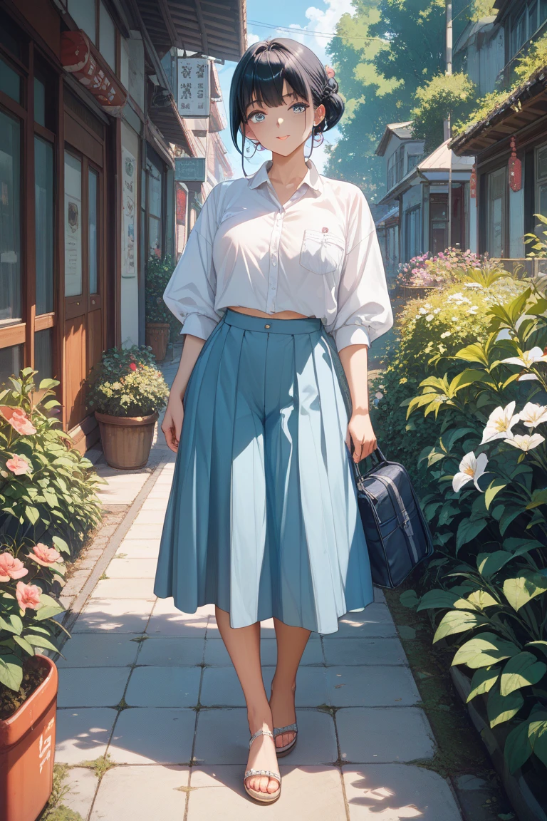 Best quality at best, A woman sits on a bench , 夏天_a skirt, dogs printed in the a skirt