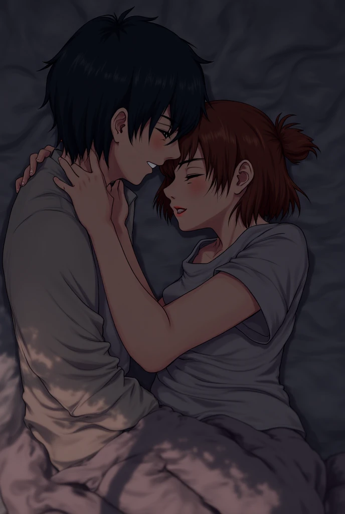a boy and a girl in an intimate embrace on a bed, the boy crying while girl is hugging and comforting him,rain visible through a window, detailed anime style characters, 1boy, 1girl, anime, anime boy, anime fox girl, orange hair, lying down, hugging, crying, bedroom, intimate, sad, rainy window,, 8k, masterpiece, dramatic lighting