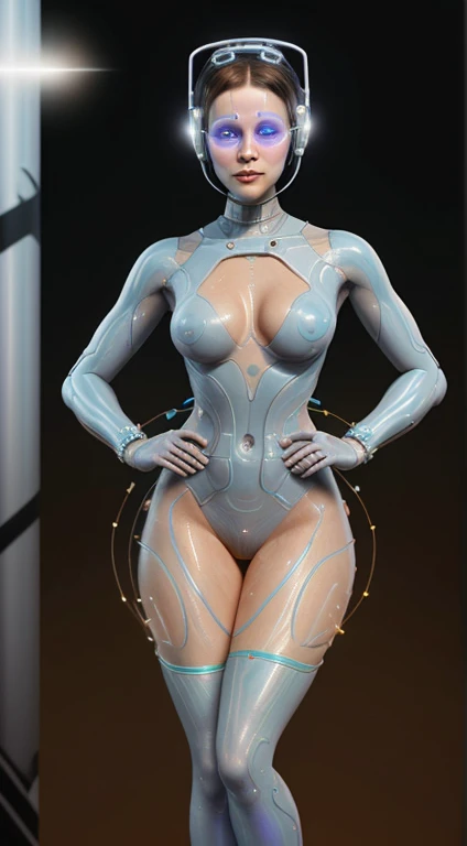 Create a futuristic image showcasing a  perfect female body transparent wears clear tight rubber suit ,beautiful belly breasts , bio-mechanical being, highlighting intricate internal wiring and mechanisms, with a focus on the upper body and head against ,full body shot , sci-fi background.