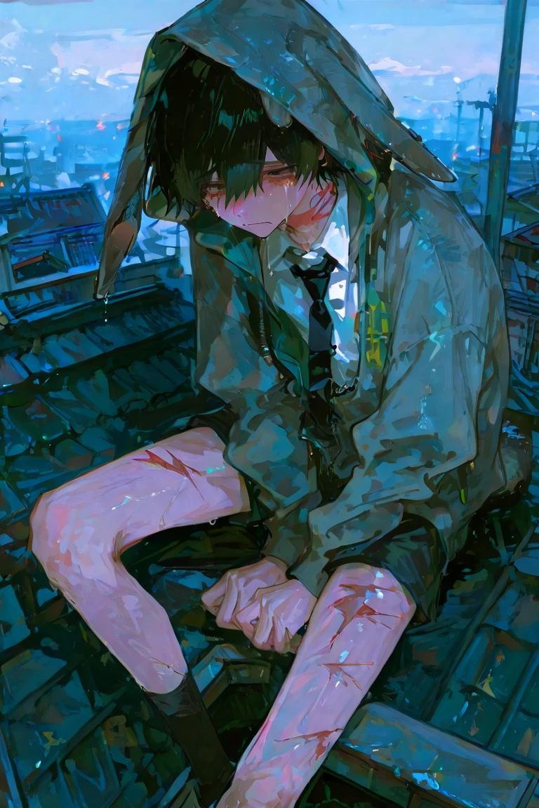A six-year-old boy lies on a rusty bed,Shota,bareness,teardrop,Poor Baba,unkempt,wounded。A high resolution,best qualtiy,tmasterpiece,shadowy,unreal-engine,abused,nsfw