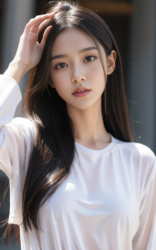 Full Body Shot, Korean Girl, city, Long black hair, Show Background, 27 years old, (A thin, tight-fitting white T-shirt:1.5),(The nipples are clearly visible:1.5), highest quality, 8k, RAW Photos, highest quality, Hmph:1.2, Highly detailed RAW color photos, Professional Photos, (Realistic, Realistic:1.37), (Highly detailed skins:1.2), 超High resolution, (Lenz 50mm), (Tabletop, highest quality:1.3), Smile, 80mm, High resolution, (Korean:1.1),(Focus on your audience:1.5), (Natural skin texture,Detailed skin, Hyperrealism,Ultra Sharpness),Intricate details,High resolution, Natural light、Korean Idol、Burning idol pose、Adult,Photon Mapping, Radio City, Physically Based Rendering, Rich details, (Beautiful Face),(Beautiful Eyes), (Clear Face), (Detailed face description), (Detailed hand description), Extreme light and shadow, Shiny skin,