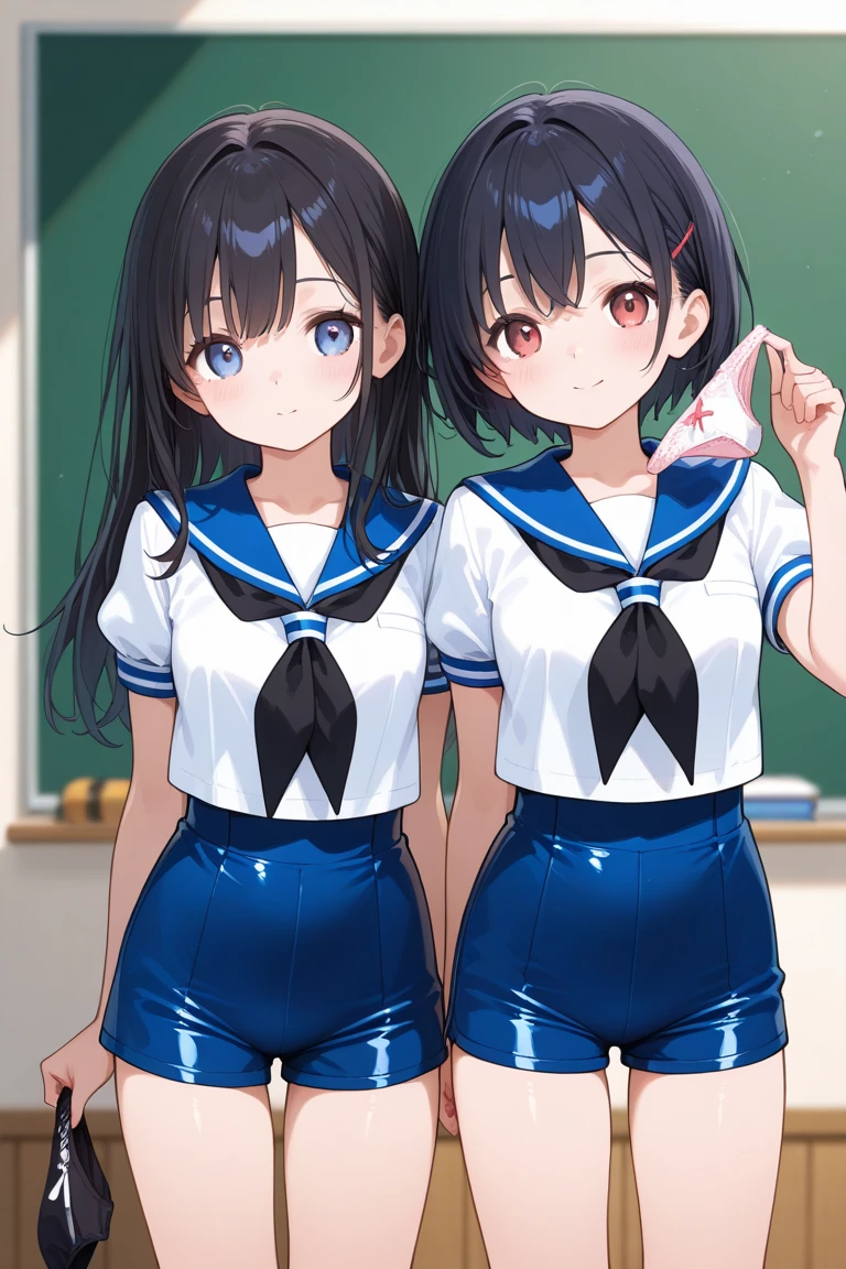 ((2 girls)) (Holding panties in one hand) (sailor suit) (black boxer shorts) Happy Classroom
