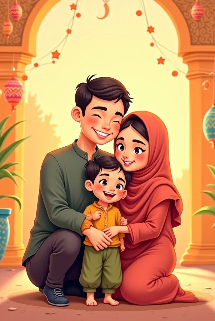 Create a cartoon illustration of my family.
Niqaabi wife with niqaab cover face
Bearded husband with thowb and myslim cap
1 elder 6 years old girl big girl
4 years old boy
1 year old girl
Avoid showing face. Cover