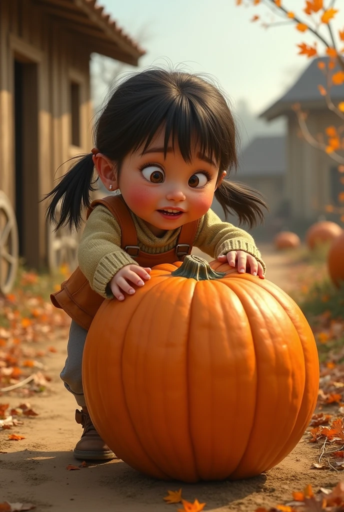 A girl,In the spacious farmyard,Holding a large pumpkin horizontally,Happy smile,Pixar style,Anime style