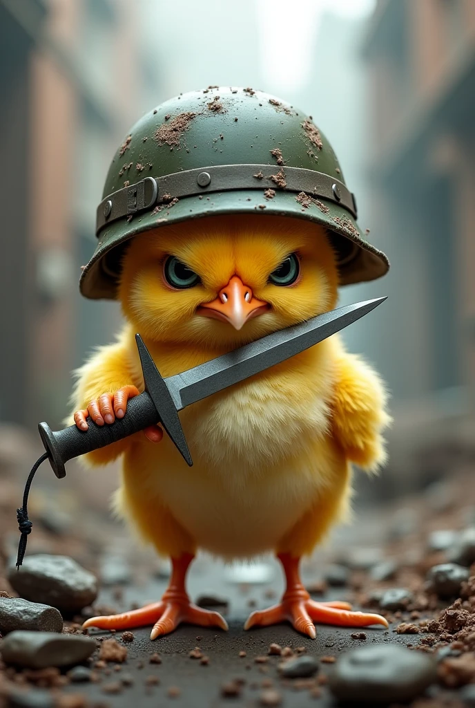 A very angry chick with a WWII helmet smoking a pipe,carrying a waving yellow flag 