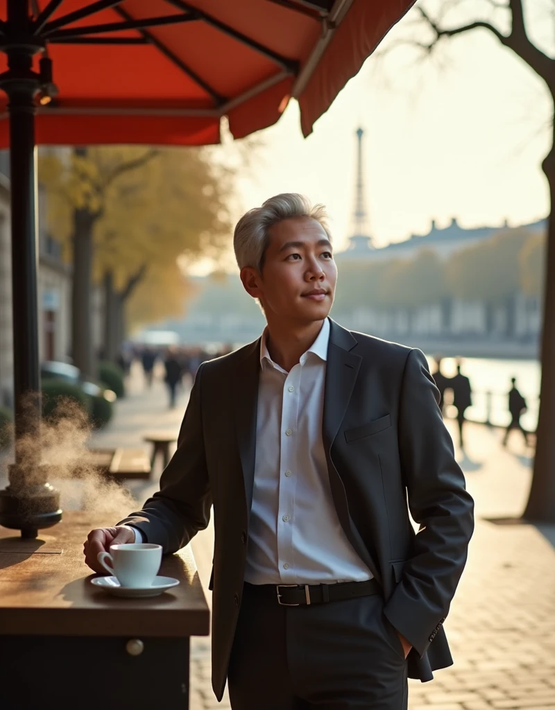 sunlight,A photorealistic image of a man in a well-detailed military uniform sitting in front of a large glass window. The man should be holding a cup of coffee, and his facial expression should be clearly visible, conveying a sense of calm or contemplation. The glass window should reflect traditional Chinese architecture, such as pagodas or ornate wooden structures, in a subtle yet noticeable manner. The lighting should be soft but sufficient to highlight the details on the man's face and uniform. The setting should be serene, perhaps with a touch of modern interior design elements to contrast with the traditional architecture reflected in the window,<lora:windowsback2:0.65>