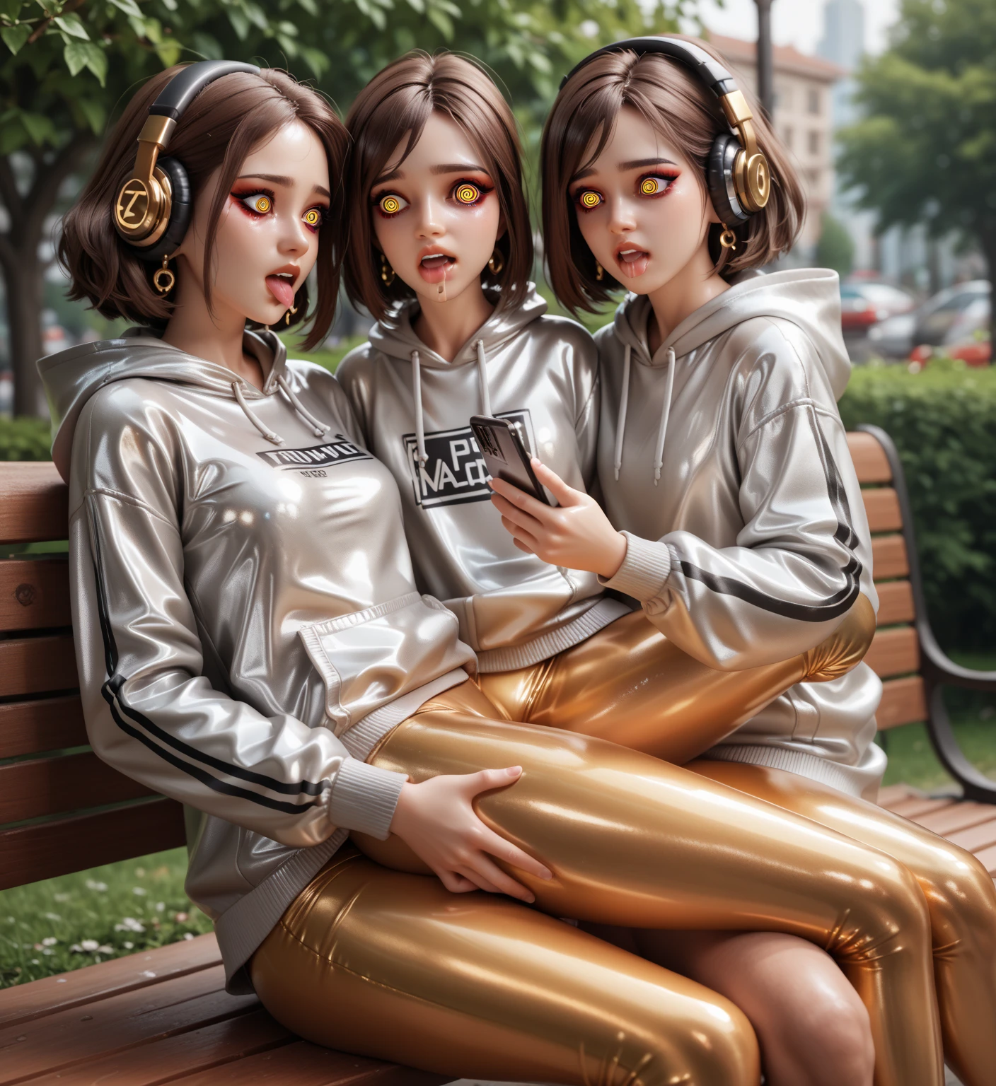 (ultra realisic, A highly detailed: 1.4), beste-Qualit, tmasterpiece, 3 girls, A stern look, Severity, arrogance, blonde woman, running, hoody, sweatpants, exteriors, sweats, Tired, sneakers ((Three heads, 3 heads):1.4)