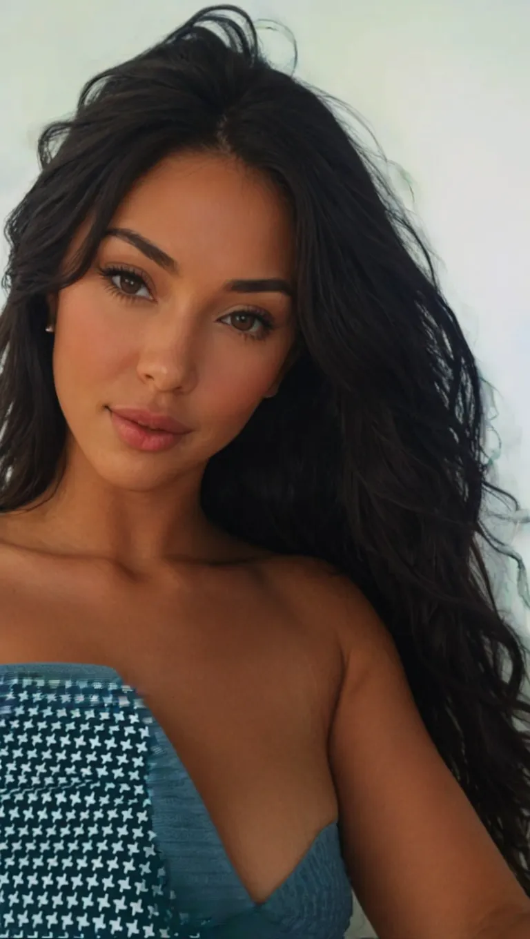 a realistic photo of a [ really beautiful exotic androgynous supermodel 19 year old woman] , with [long, dark hair, Beachy Waves hair style ] , looks like [Megan FOX] and [Adriana Lima], light makeup, looking [innocent, cute, flushed] , neutral background [light] skin --ar 9:16 --stylize 750 --v 6