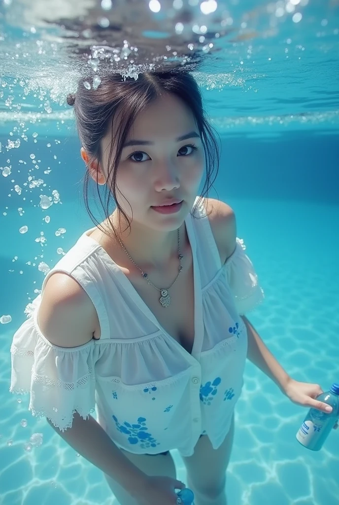 ((Best Quality, 8K, Masterpiece: 1.3, 1girl, Beautiful Girl, Ultra-detailed face and skin texture, Detailed Lips, Detailed Tongue, Dynamism)), Photorealistic, raw photo, natural lighting、( dark rust-colored wavy short hair), big, toned abdomen, big round buttocks, double eyelids, brown eyes, moist lips, large earrings, simple necklace, moles around the eyes, (underwater), smile, sheer