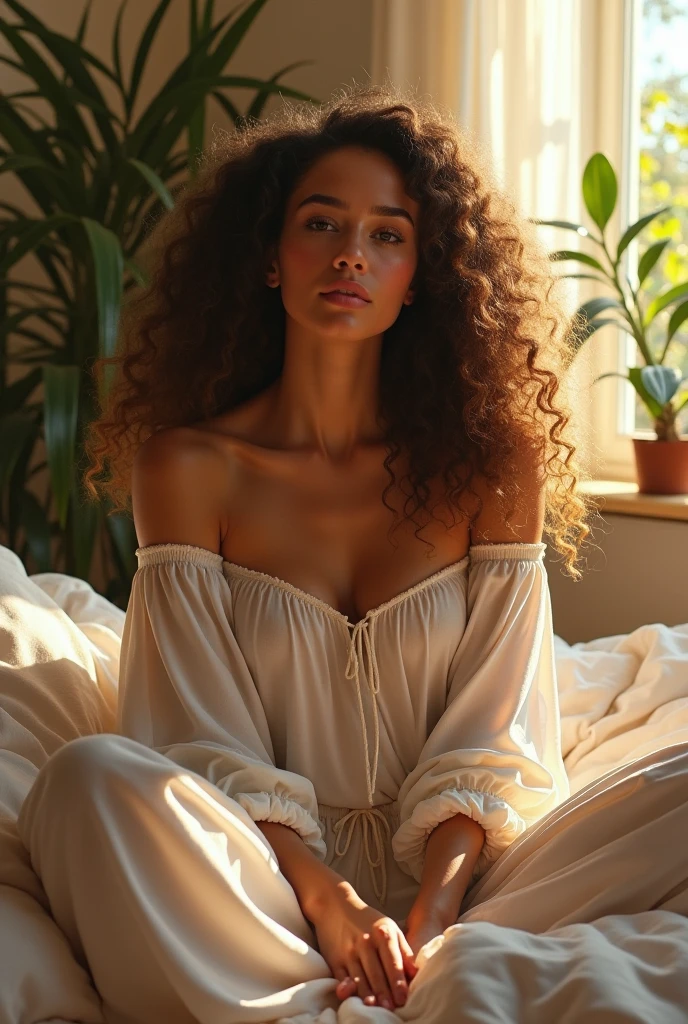 (photorealism:1.2), beautiful woman, sitting on bed, wearing loose off-shoulder top, pajama pants, long curly hair, indoors, soft lighting, plants in background, window with sunlight, cozy room, relaxed pose, realistic, intricate details, warm colors, by Greg Rutkowski, by Alphonse Mucha