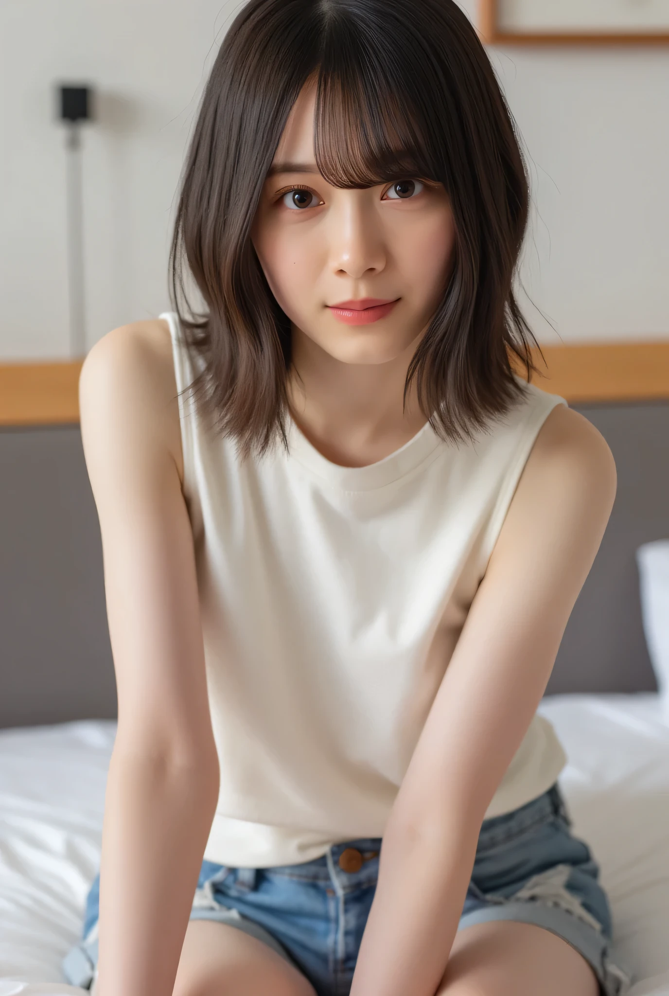 Relaxing in a room, 20 years old ((with bangs, dark brown hair, Short Bob Hairr)), she has a hot hourglass body with huge tots and bubble butt, (she is looking at the camera), black eyes, (blonde long hair), realistic and detailed face, beautiful woman, , detailed face, masterpiece, style, Ultra detailed and realistic 8K beautiful model, long hair, hourglass body, athletic body, (((she is wearing micro denim distressed shorts and ivory white sleeveless shirt))), (sexy), photorealistic.