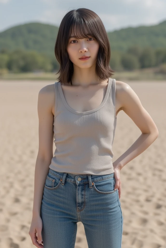 a  photo of a, ((Best Quality)) ,((masutepiece)),((hight resolution)),(High contrast),(High Sharp),(imperfection of the skin of the face and body),((photorealestic:1.4)), ((RAW photo)),(8K), (1 girl Emma Myers at 21 ),((Photo of a 21-year-old girl )(Emma Myers at 16), (Shirt), (brunette with very short shaggy hair) no makeup , (extremely short hair), ((so sexy)), ((very extremely beautiful)), hotel balcony in the tropics, 20 year old face , looks into the ocean, Slender, Thin, sculpted hips ,graceful knees, short shorts for small butts , beautiful view from the balcony to the ocean and palm trees, sunset over the ocean, Realistic light, eye shadow, Bottom-front view in (Half-turn) ,very thin and slender girl, girl looking to the right of the camera,(Actress Emma Myers at 21),Without cosmetics, knees, spawn, Skinny Legs,Very detailed face,Perfect fingers,