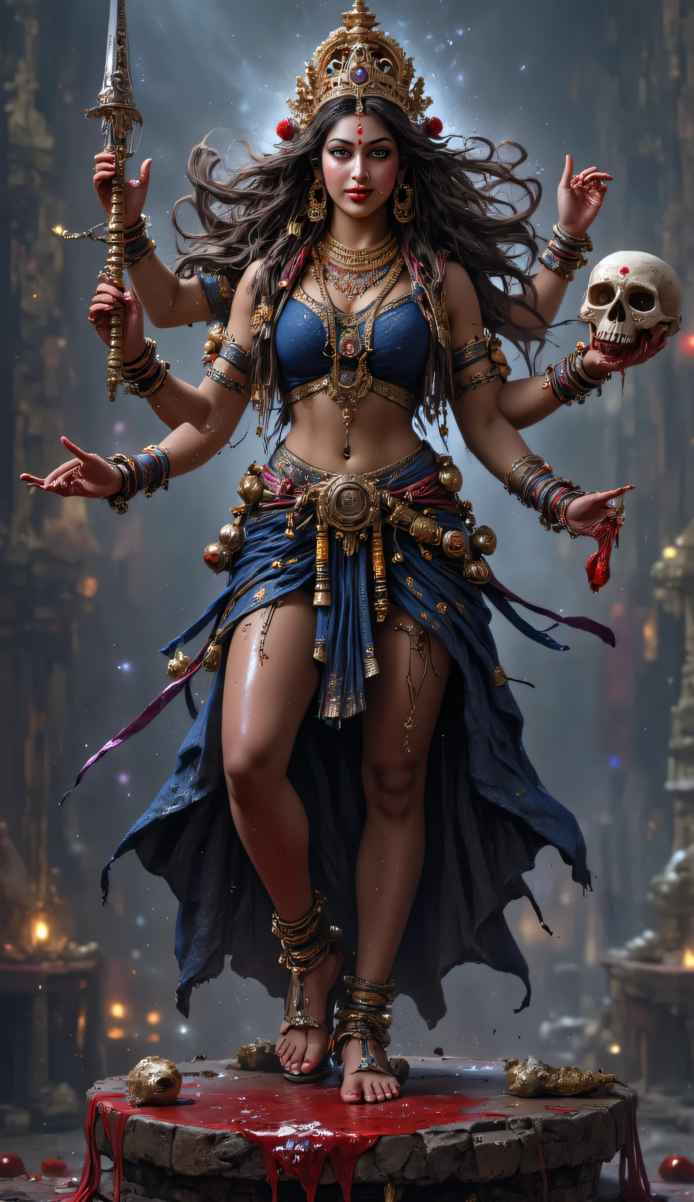 Hindu crowned goddess kali standing naked full body wearing a garland of big skulls, long, wild, flowing black hair to the knees, tangled and slightly windblow, dark blue skin with four arms holding a sword, trident, bloody skull and her big red tounge out from the mouth