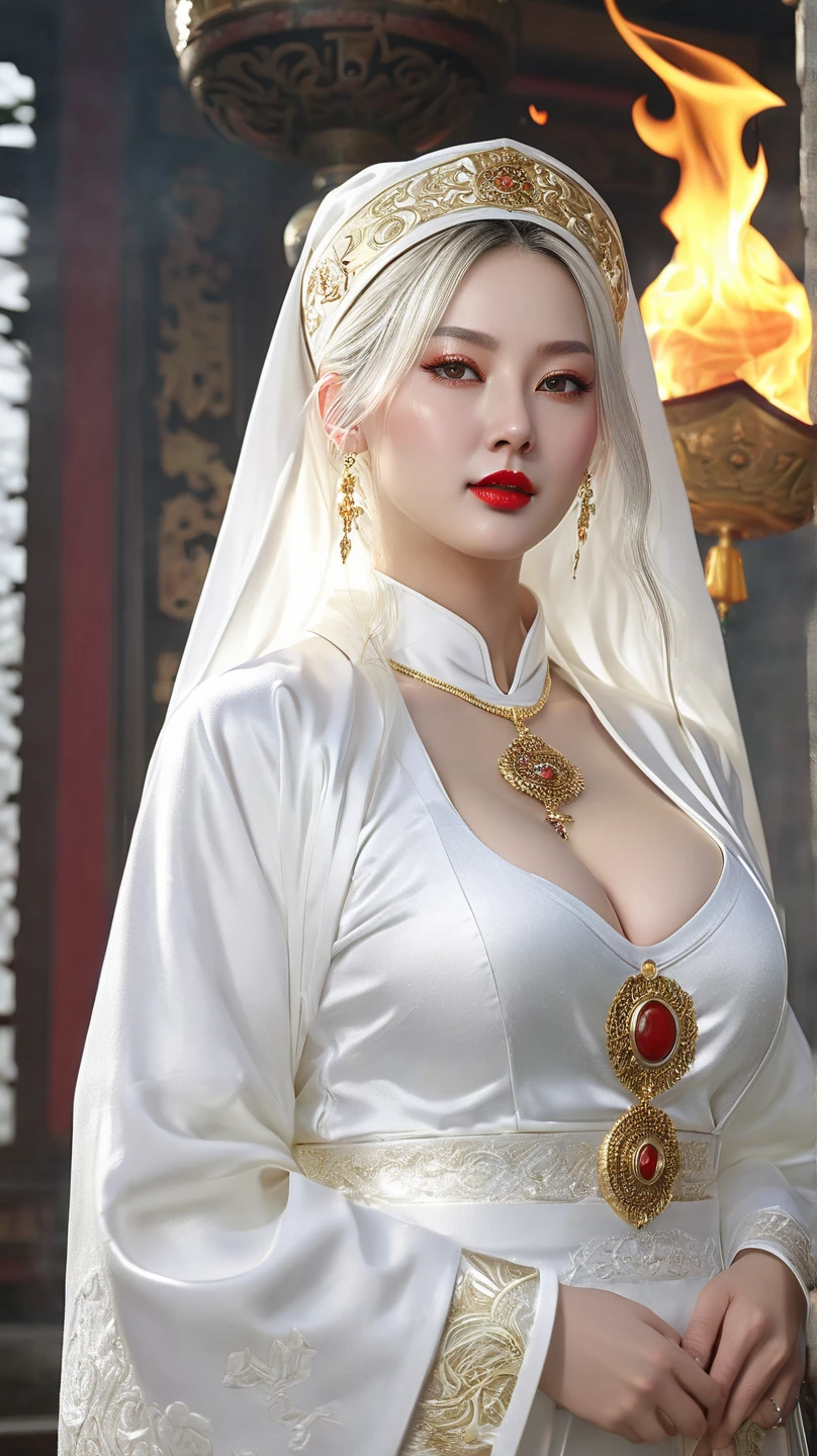 (((Hyper Real)))、(((A 30-year-old white female monk from ancient Europe)))、(((Beautiful female priest))) Mature middle-aged woman、(((Big big boobs)))、Fine skin、Beautiful plump middle-aged woman、(Fine green eyes)、Blonde fluffy long hair、{(Ancient ornate and luxurious temple)、(Many torches are burning)}、(((Big big cleavage)))、Big Ass、Red lips、(((luxurious costumes and luxurious accessories)))、