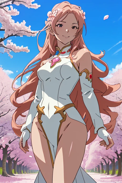 (masterpiece, best quality, highres, anime, lacus4), 1girl, solo, long hair, dress, hair ornament, pink hair, cleavage, blue eyes, off-shoulder, white dress, MEDIUM breasts, smile, open mouth, slim belly