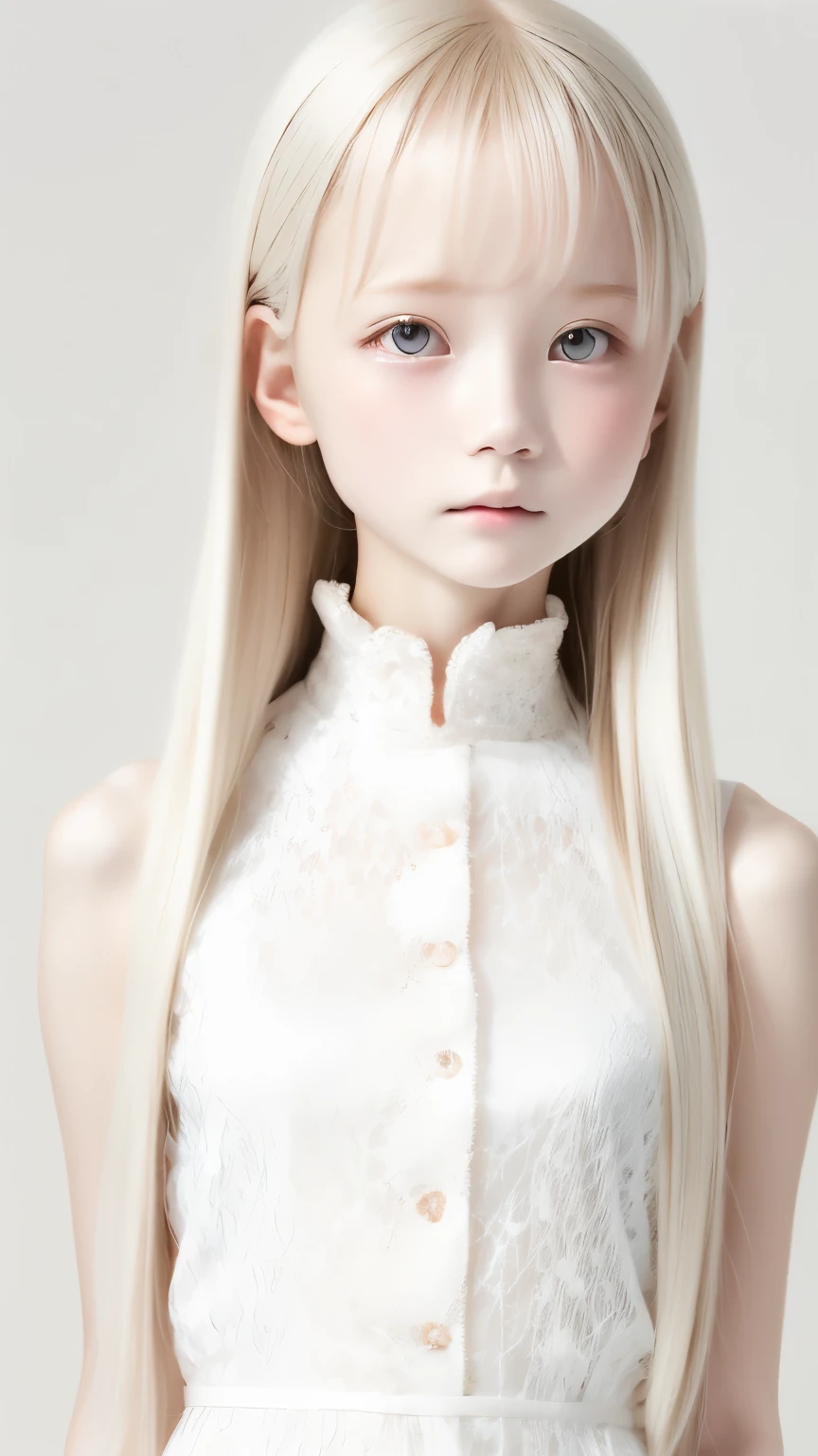  perfect anatomy,    japanese girls , alone、one girl from before the evening、少し短い首:1.7, Albino Skin, Gray Hair,    straight long hair  ,  light brown eyes, high neck lace fabric,  white clothes,     artistic,   light pink background pointing down 